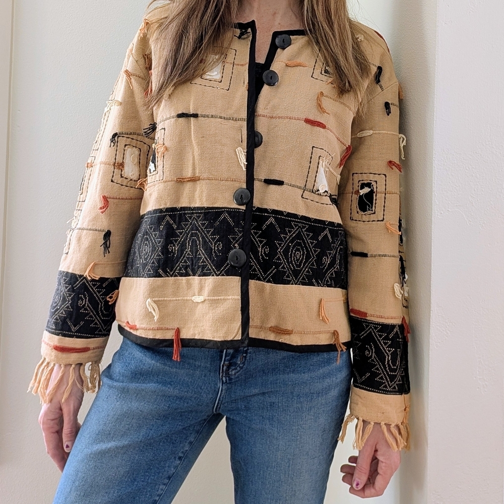 Vintage Boho Abstract Patchwork & Fringe Button Down Cardigan Jacket In Tan
